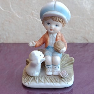 1970s Boy With Dog Porcelain Figure, Boy Porcelain Figurine, Vintage Porcelain, Boy with Ball Statuette