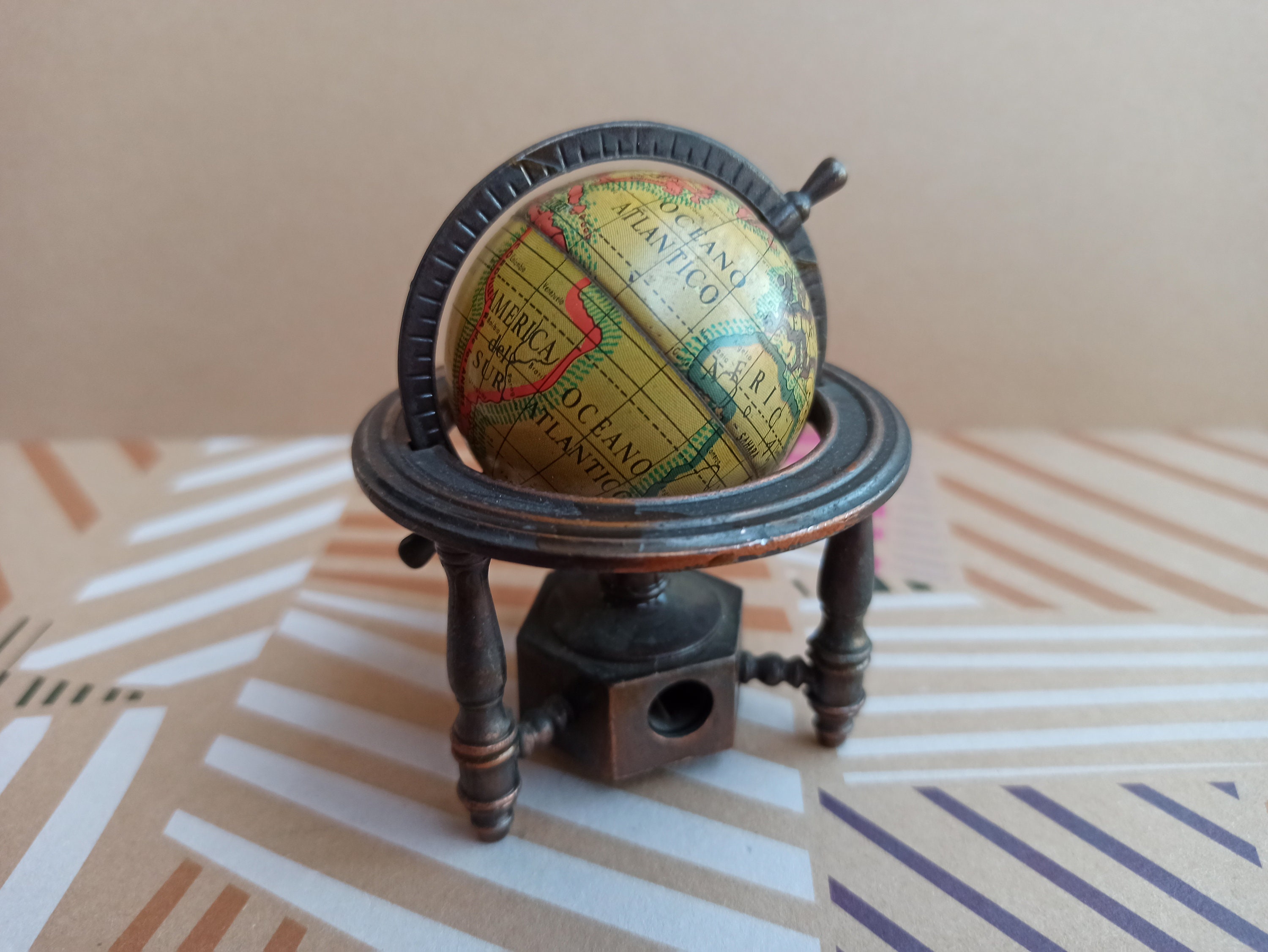 Antique Tin Litho WORLD Globe Miniature PENCIL SHARPENER Made in