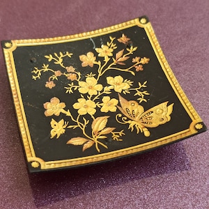 Damascene Decorative Plate Toledo Spain, Round Gold Black, Vintage Gold Filled Saucer, Flower Birds Design, Antique Plate Toledo