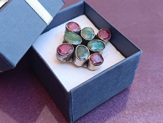 Multi-gemstone Ring, Ruby Ring, Emerald Ring, Squ… - image 1