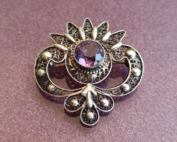 Amethyst Filigree 800 Silver Brooch Vintage Brooch Rare Color Purple Crystal Brooch Silver Brooch Silver Retro Brooch Gemstone Brooch