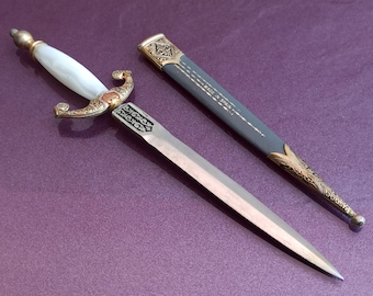 Toledo LETTER OPENER, Letter Opener Sword in Scabbard, Bronze Letter Opener, Gold Filled Vintage Letter Opener, Antique Damascene Toledo