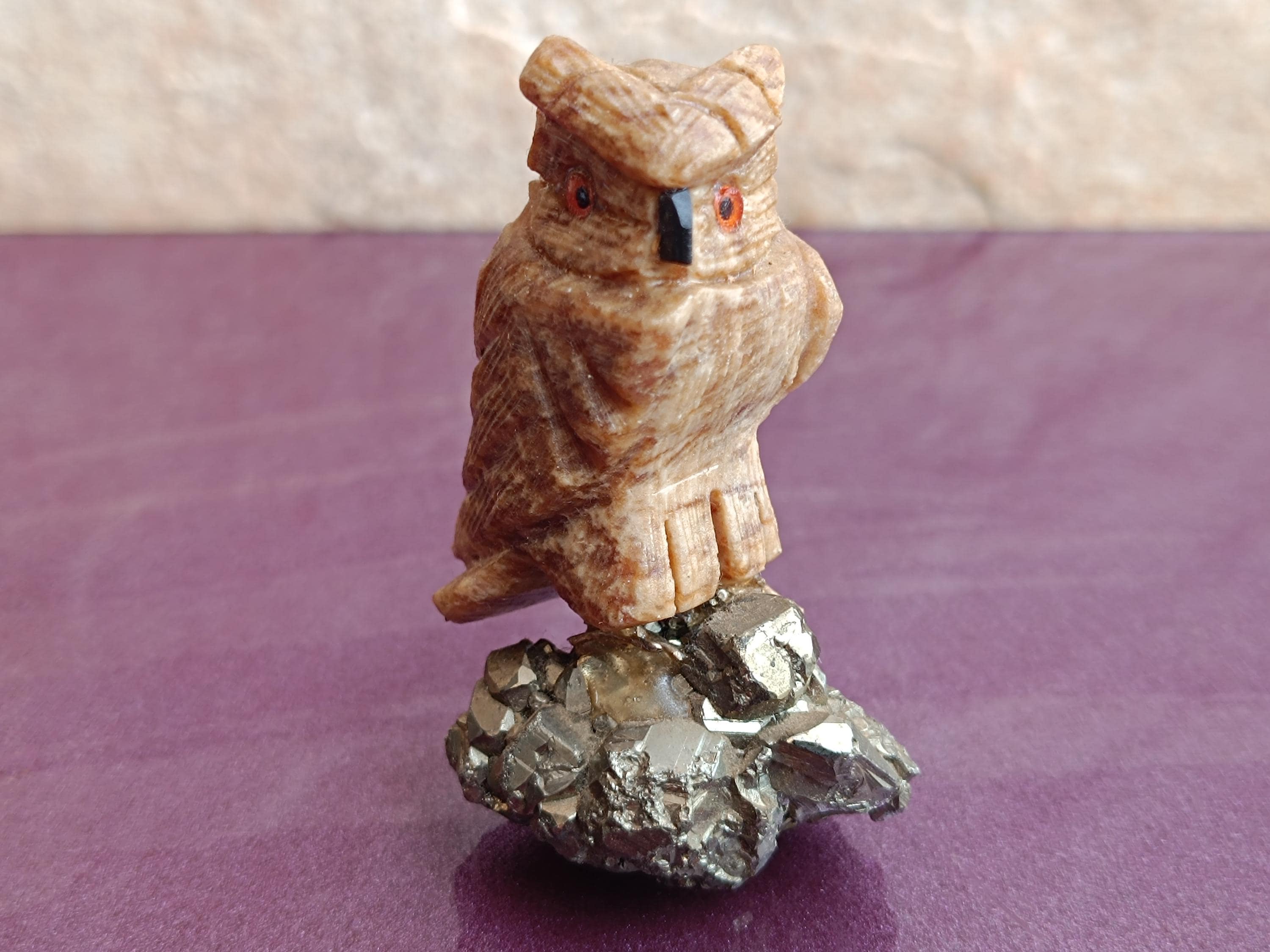 Hand Carved Stone Owl on Pyrite Stand, Carving Figure Owl, Handmade Owl Statuette