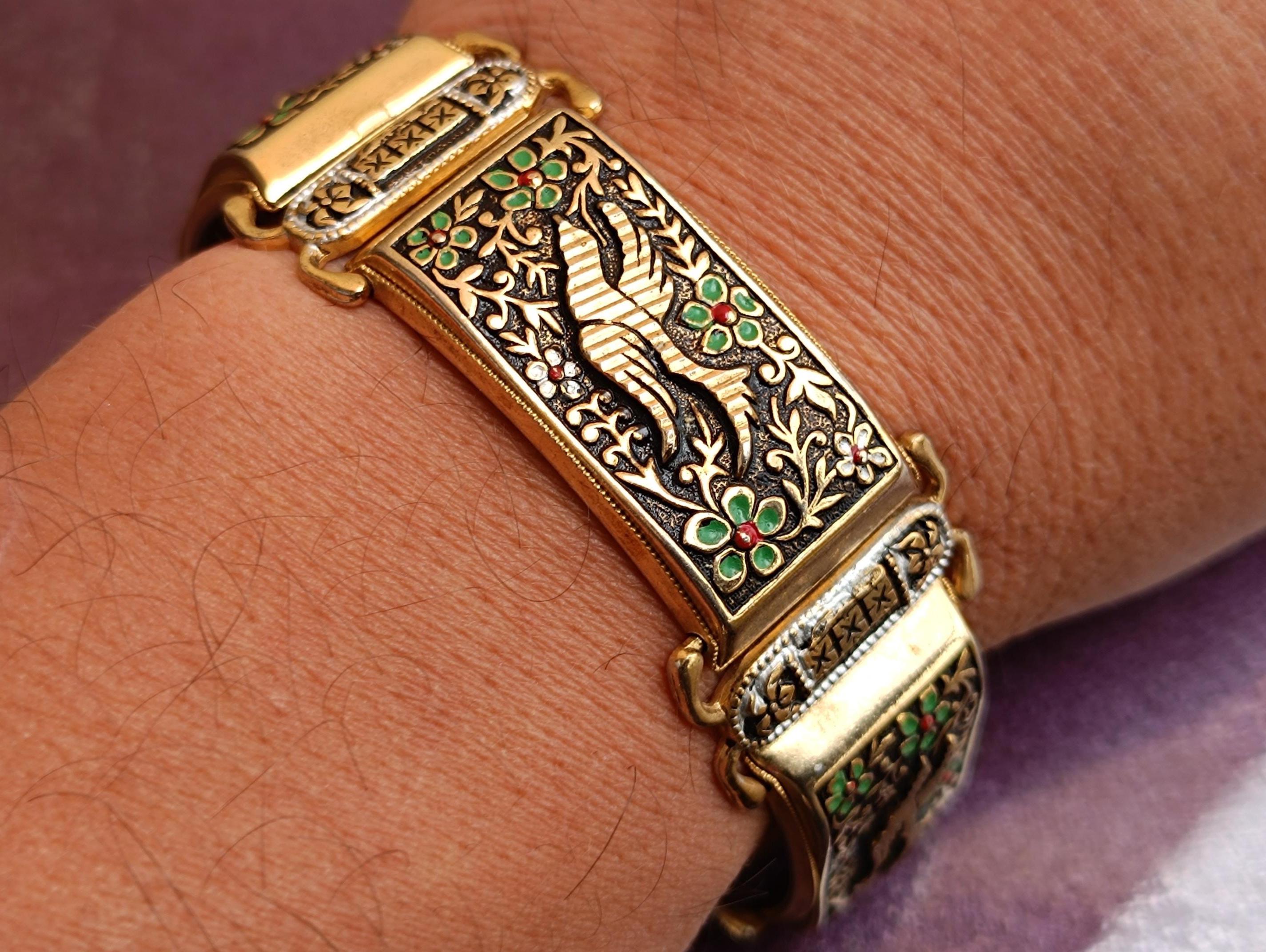 Bracelet Vintage En Or De Tolède Avec Décor Nacré Et Motifs Gravés - Ancien, Très Bon état