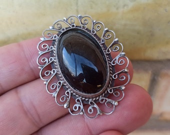 Mexican Obsidian Silver Brooch, Silver Brooch, Vintage Brooch, Obsidian Brooch, Antique Silver Brooch, Retro Brooch, Obsidian Silver Brooch