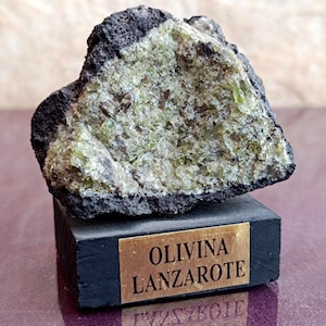 Peut inclure: Un spécimen minéral d'olivine cristalline brute avec des inclusions translucides vert clair et brunes, incrusté dans une base de roche volcanique sombre et poreuse. L'objet repose sur un socle noir rectangulaire avec une plaque dorée OLIVINA LANZAROTE.