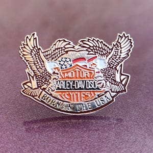 以下が含まれることがあります： 銀色のハーレーダビッドソンピン。翼を広げた2羽のワシが特徴です。ピンにはハーレーダビッドソンのロゴと「BORN IN THE USA」の文字がバナーに表示されています。