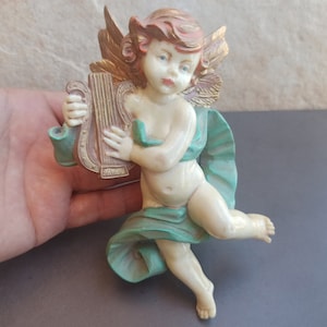 Fontanini Style Angel, Vintage Depose Angel, Antique Soaring Angel With Harp, Cherub Playing The Harp, Old Angel Figurine