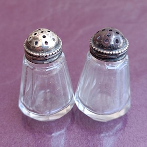 Silver Shaped Shaker Set Of 2, Silver Glass Salt, Pepper Shaker With Silver Lid, Miniature Salt Shaker, Silver Glass Shaker