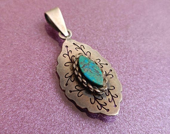 Silver Alhajas Turquoise Pendant, Vintage Sterling Silver Turquoise Pendant, Antique Silver Pendant, Vintage Turquoise Pendant, Alhajas