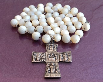 1800s Mother of Pearl Silver Religious Catholic Rosary With Holy Family Cross, Silver Crucifix, Religious Necklace, Catholic Rosary