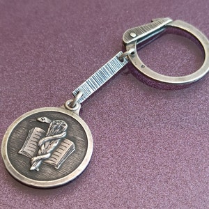 Silver Snake Key Chain, Book Silver Keychain, Medical Snake Keychain, Antique Silver Snake Charm, Vintage Silver Keychain, Birthday Gift