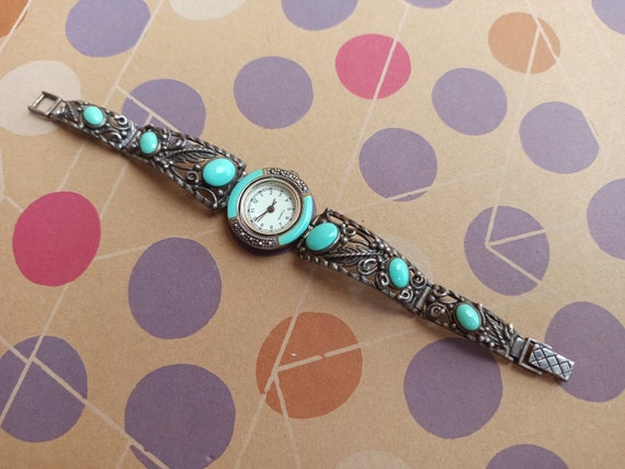 Turquoise Silver Quartz Watch, Turquoise and Marc… - image 3