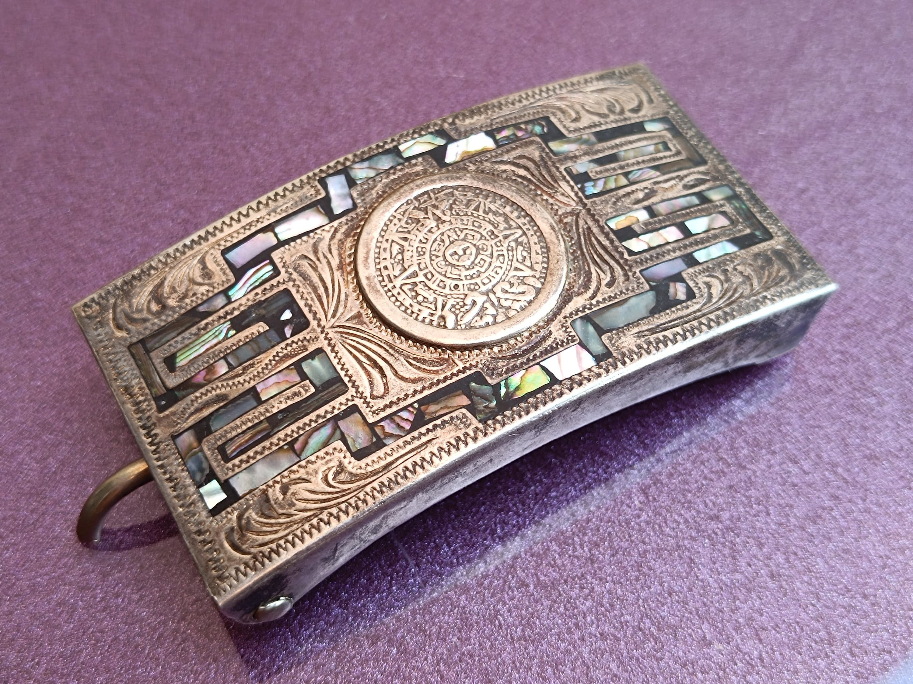 Mexican Aztec Mayan Calendar Sterling Silver Belt Buckle Marty Bentley | Sterling Silver Reticulated Border Design of  main image 3