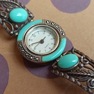 Turquoise Silver Quartz Watch, Turquoise and Marcasite Women Watch, Wind Wristwatch Watch, Antique Silver Watch, Silver Watch
