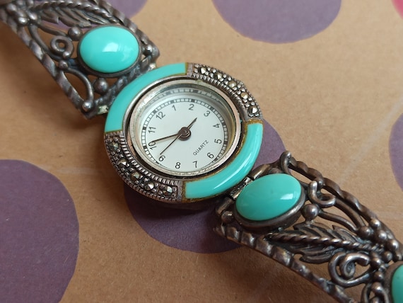 Turquoise Silver Quartz Watch, Turquoise and Marc… - image 1