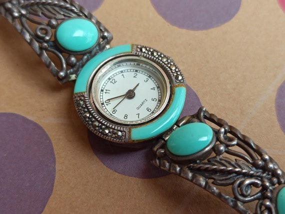 Turquoise Silver Quartz Watch, Turquoise and Marc… - image 1