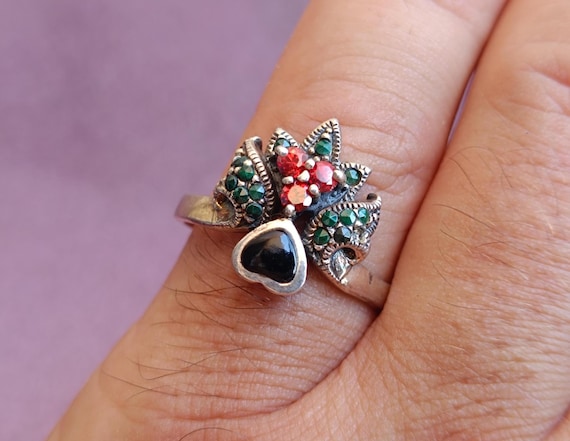 925 Silver Multistones Ring, Silver Malachite Rin… - image 1