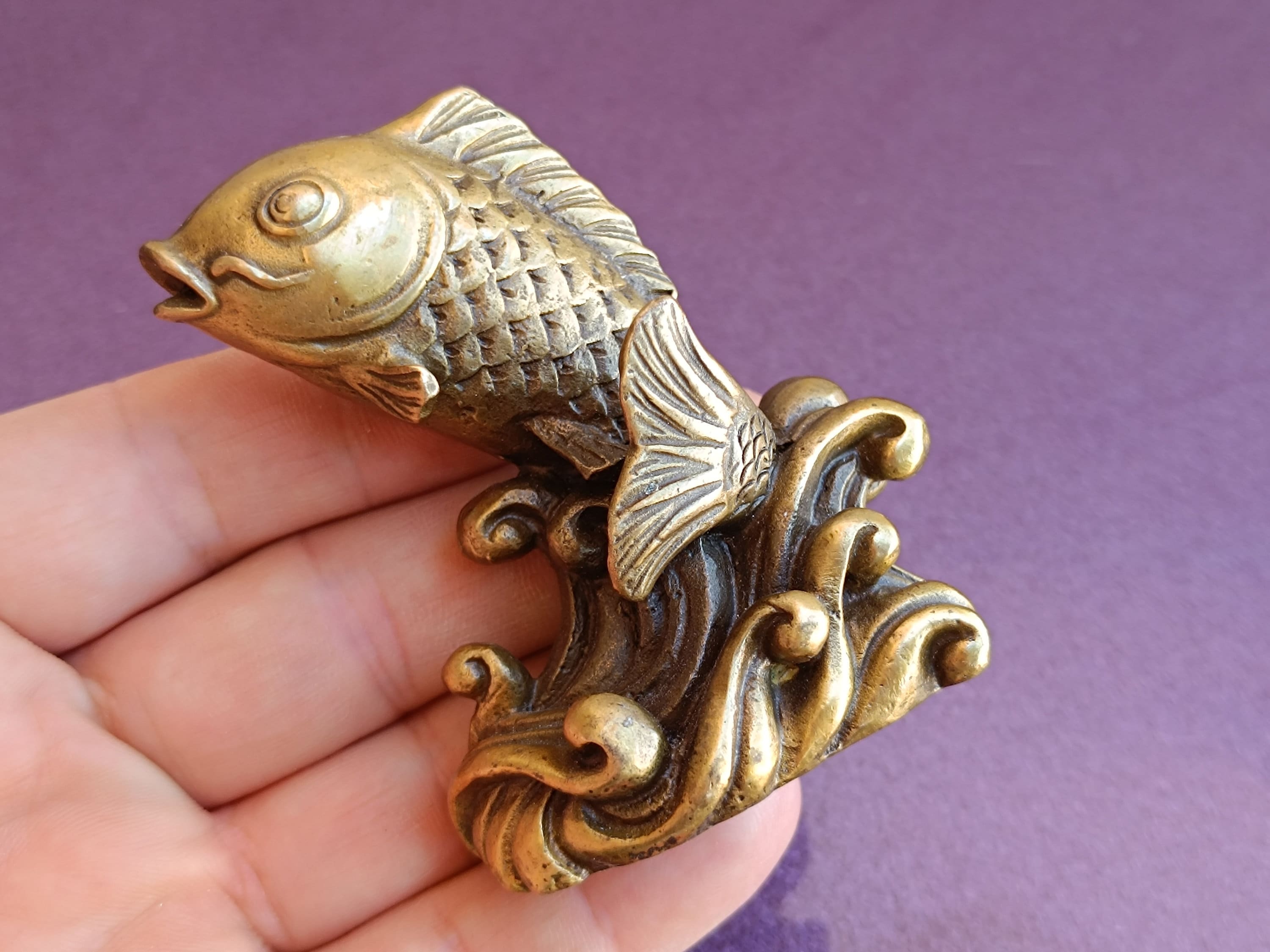 1970 Exquisite Chinese Brass Carp Fish, Carved Rich and Auspicious