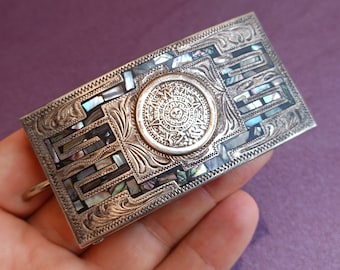 Hebilla de cinturón de calendario maya mexicano de plata 925, hebilla de cinturón de plata vintage, hebilla de cinturón coleccionable, hebilla de cinturón de plata retro, Art Déco