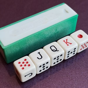 オリジナルボックス入りポーカーアメリカーノダイス、マーテル広告のヴィンテージコンプリートセット、ポーカーダイス、ポーカーダイスのセット、アンティークポーカーダイス