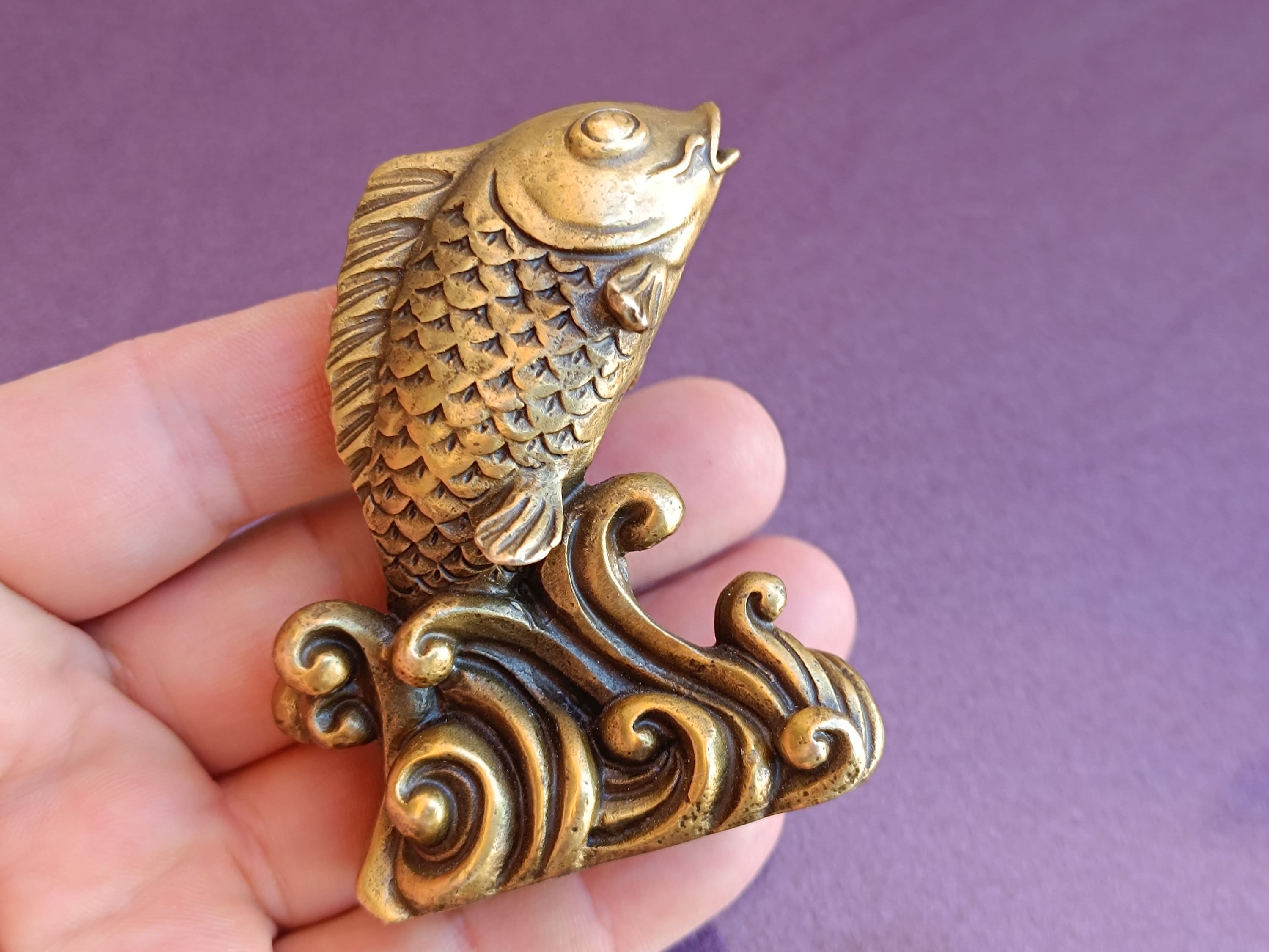1970 Exquisite Chinese Brass Carp Fish, Carved Rich and Auspicious