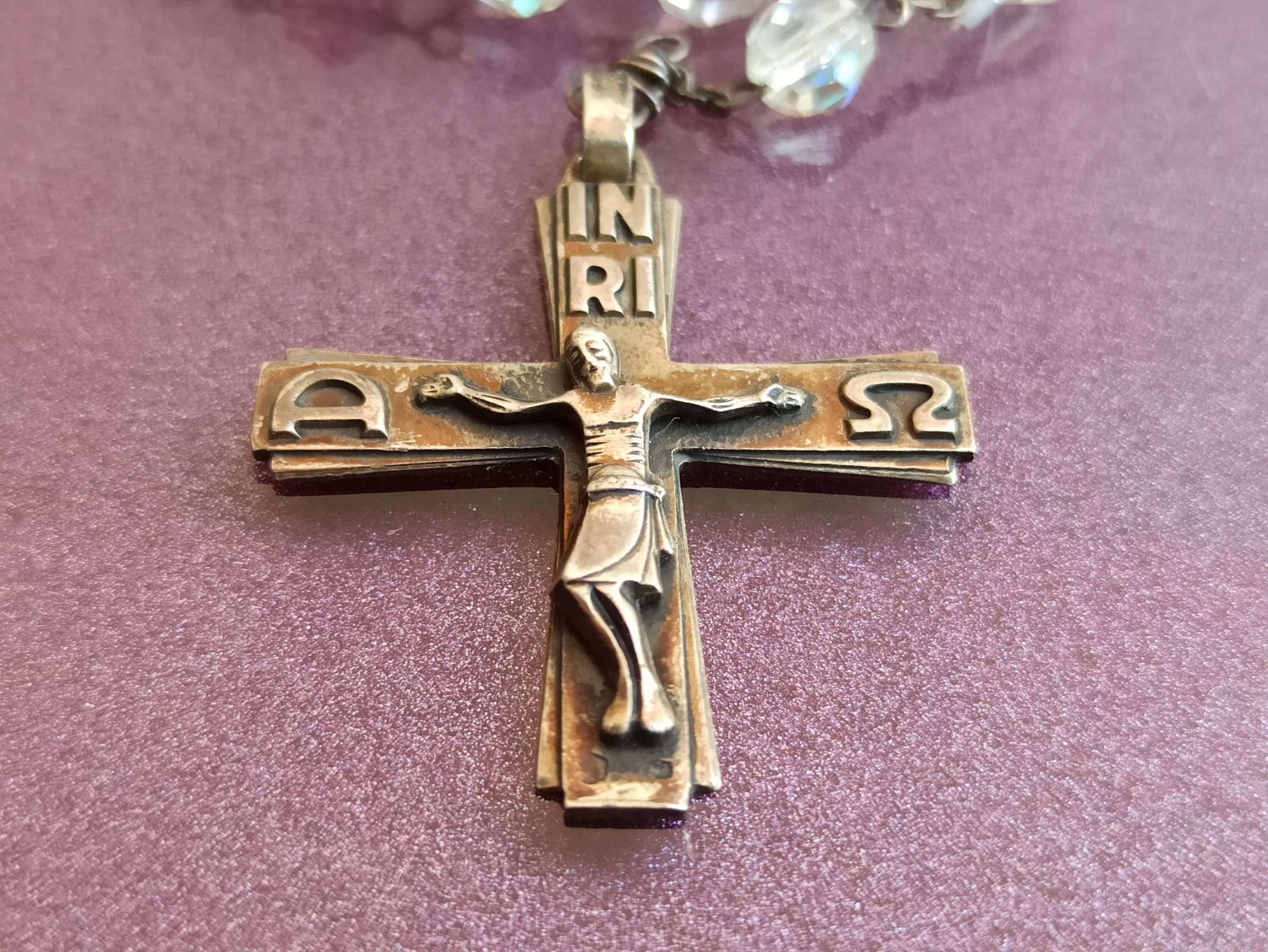 1950 INRI シルバーとガラスのカトリック ロザリオ、イエス キリストの
