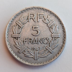 Moneta 5 franków 1947, A LAVRILLIER, Republique Francaise, waluta francuska, monety międzynarodowe, moneta aluminiowa pięciu franków, pieniądze zagraniczne