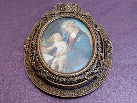 1800s Medallion Virgin And Cherub Hand Painting, Medallion of the Virgin and Cherub in a Copper Frame, Hand Made Painting