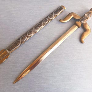 Toledo Damascene Gold Filled LETTER OPENER, Letter Opener Sword in Scabbard, Bronze Letter Opener, Spanish Vintage Letter Opener