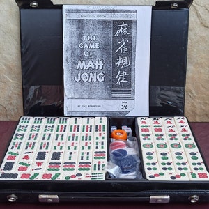 1960 MAH JONG Game, Vintage Chinese Bone Bamboo Mahjong Set Mah Jongg Tile Game Complete Set, Chinese Dominoes Game