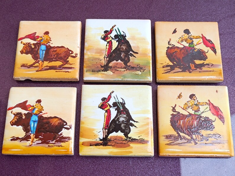 1960 Bullfighting Ceramic Tiles Set, Vintage Decorative Porcelain ...
