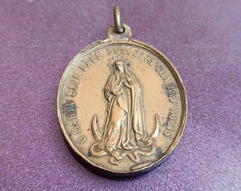 Medalla Religiosa de la Inmaculada con San Luis Gonzaga, Medalla de Bronce Italiana, Medalla Antigua, Medalla Religiosa Antigua, Medalla Italiana Vintage