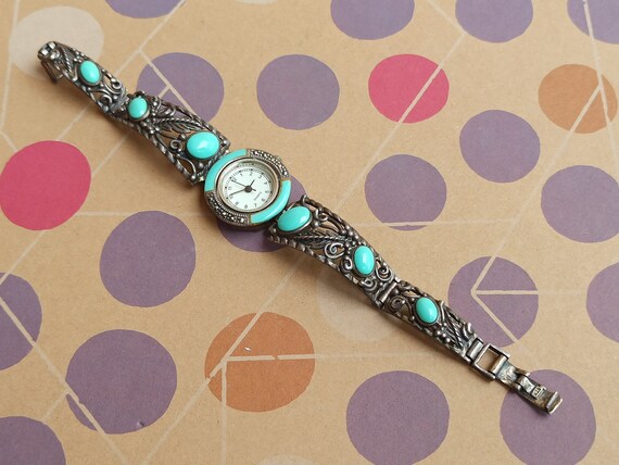 Turquoise Silver Quartz Watch, Turquoise and Marc… - image 9