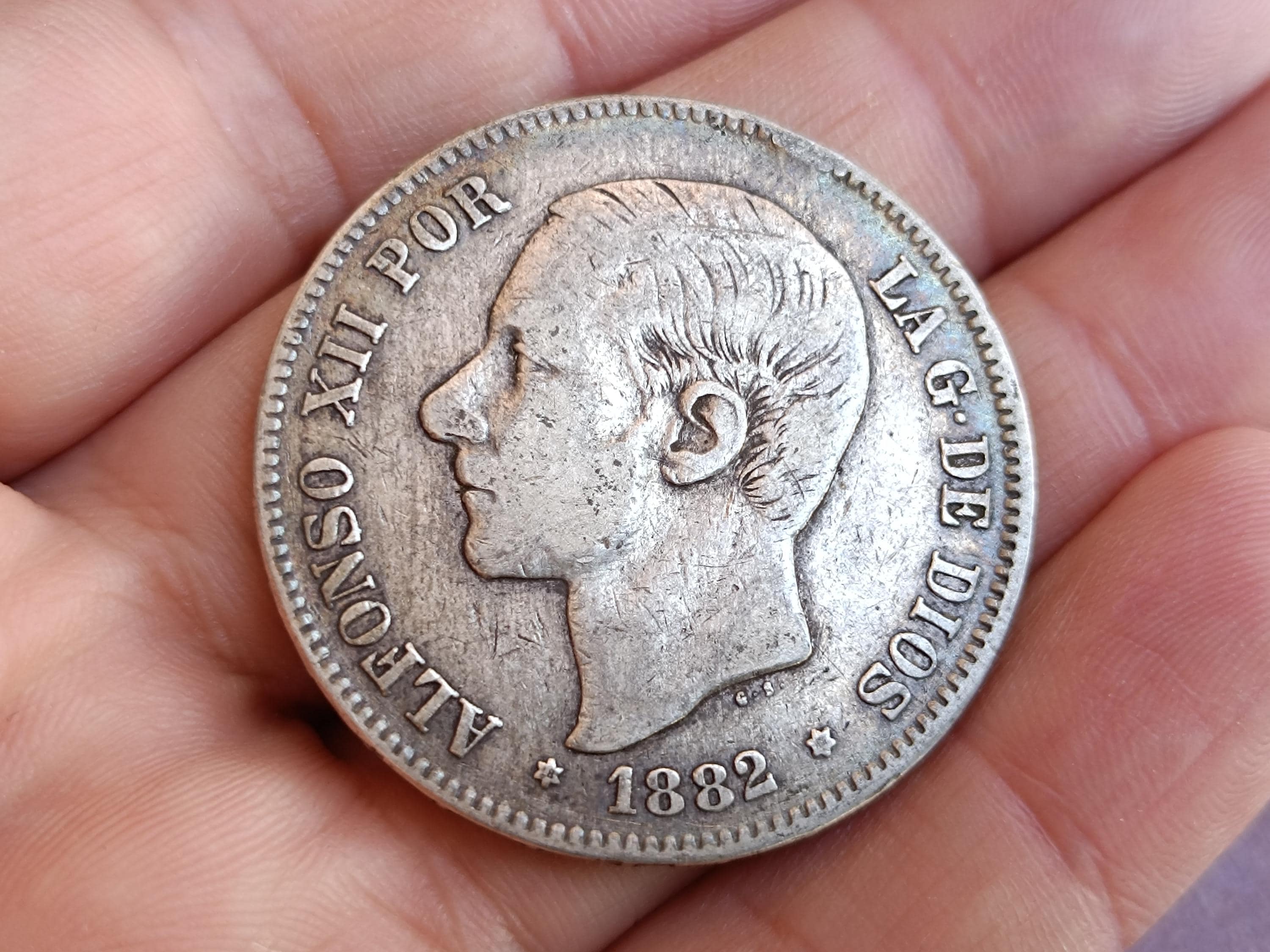 1882 アルフォンソ 12 世 ラ グ デ ディオス 5 ペセタ 銀貨、未洗浄 