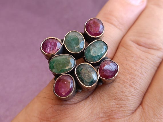 Multi-gemstone Ring, Ruby Ring, Emerald Ring, Squ… - image 3