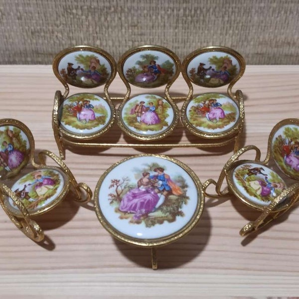 EME Espagne Fragonard Table &Chaises Miniature, Ensemble Miniature De Maison De Poupée En Porcelaine De Limoges Espagnole, Vintage Antique Fragonard EME