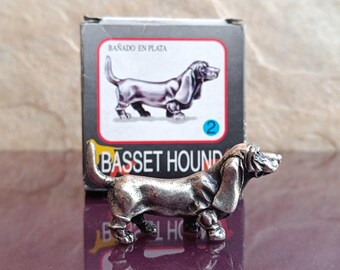 Figura plateada de Basset Hound de la década de 1970, figura de perro en miniatura, colección de perros, estatua de perro vintage, estatuilla de perro, estatuilla de Basset Hound