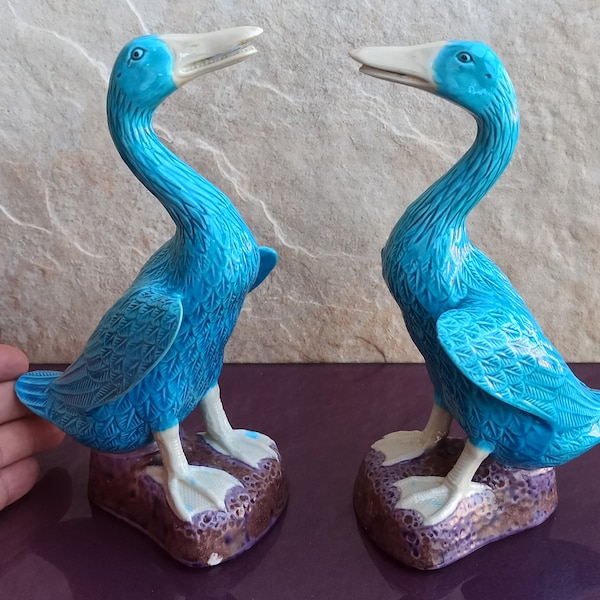 1960s Chinoiserie Japanese Porcelain Geese Figurines, Turquoise Color Goose, Blue Goose, Ceramic Goose, Porcelain Goose, Roof Tiles, Japan