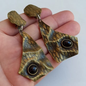 Obsidian Owl Eyes Brass Earrings, Obsidian Earrings, Vintage Brass Earrings, Retro Eyes Earrings, Old Earrings, Owl Eyes Earrings