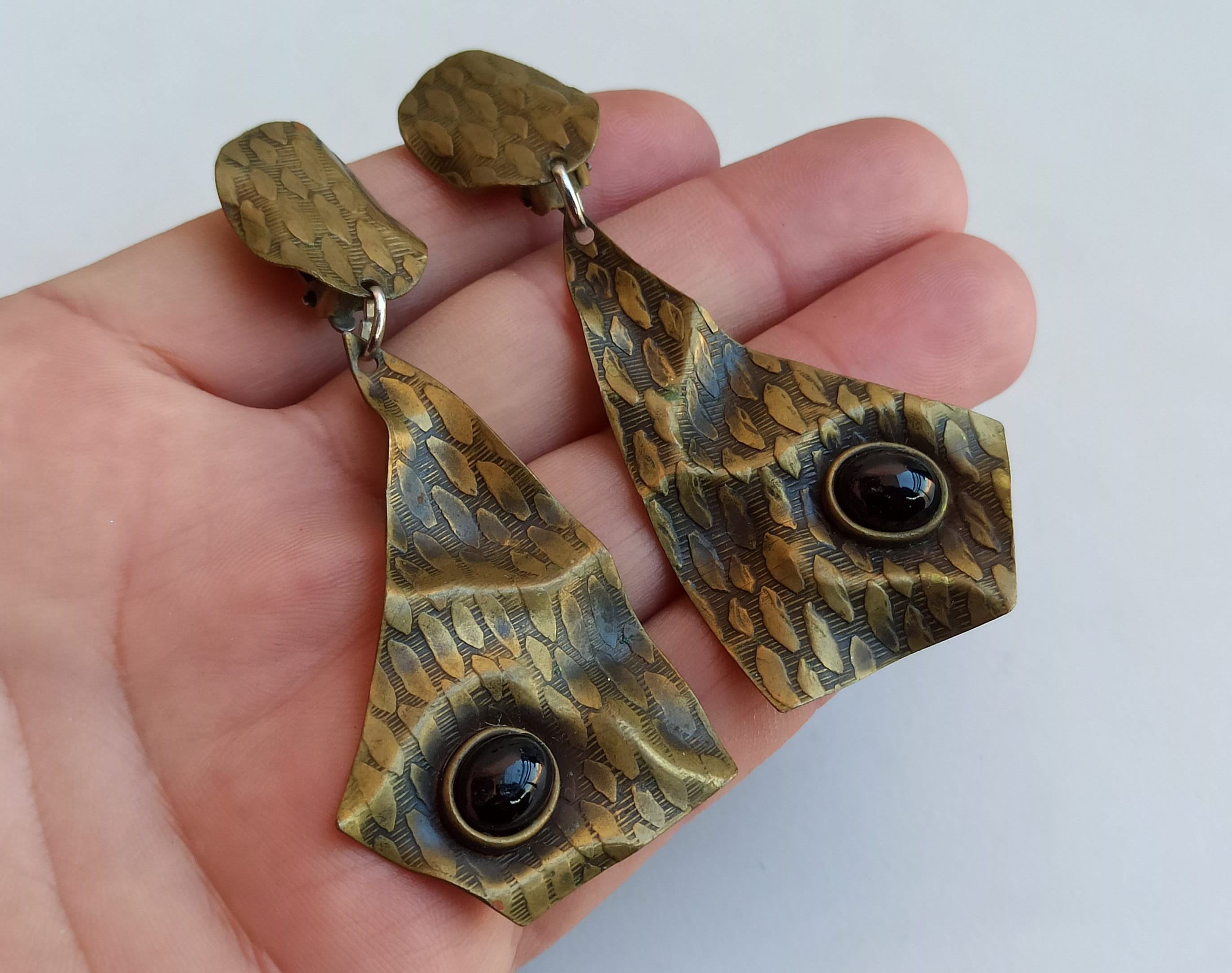 Obsidian Owl Eyes Brass Earrings, Obsidian Earrings, Vintage Brass Earrings, Retro Eyes Earrings, Ol