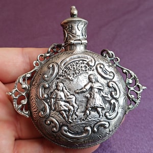 1800s Silver 800 Powder Flask, Collectible Powder Flask, Powder Bottle, Antique Powder Bottle, Art Deco Powder Flask