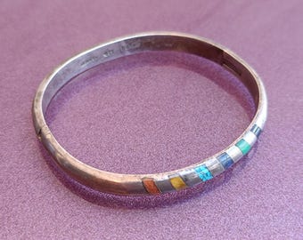 アクセサリー silver 925 turquoise bangle N0965 Vintage Mexico 925 Sterling Silver Turquoise Hinged Bracelet