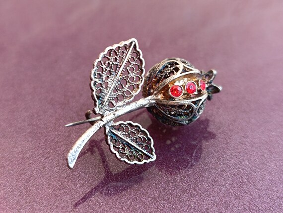 1930 Poppy Ruby Silver Brooch, Handmade Poppy Bro… - image 4