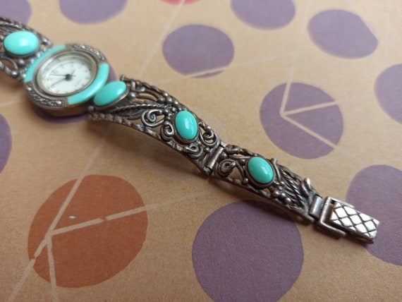 Turquoise Silver Quartz Watch, Turquoise and Marc… - image 5