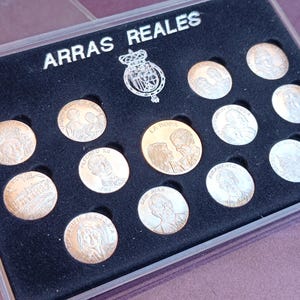Op de afbeelding: Een verzameling bronzen en zilverkleurige munten, tentoongesteld in een zwart fluwelen etui. De munten tonen portretten en afbeeldingen, met de tekst "ARRAS REALES" bovenaan.