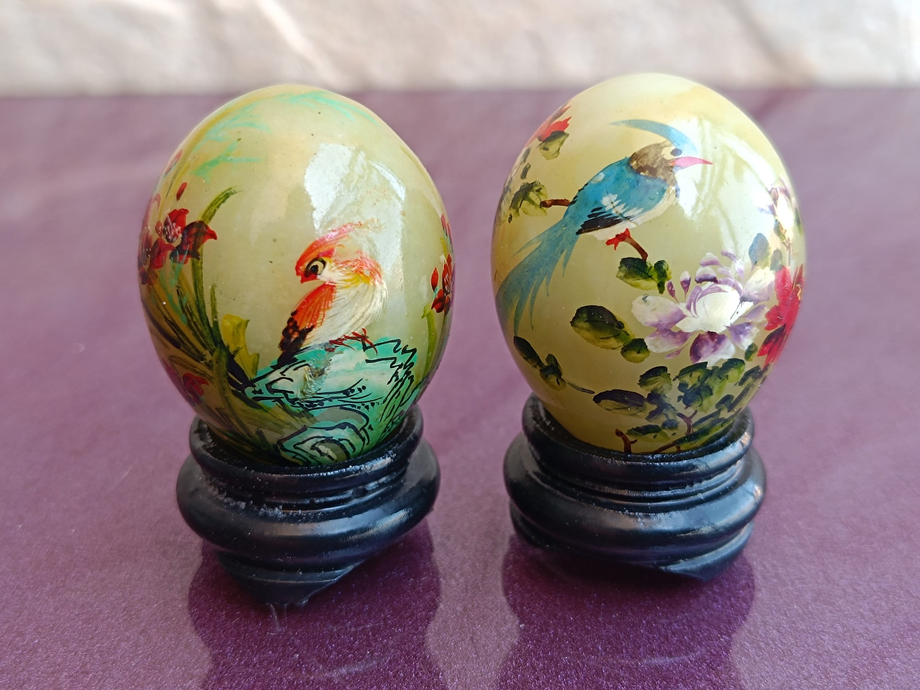 1970 Jade Patterned Eggs Set, Chinese Genuine Jade Stone, Hand