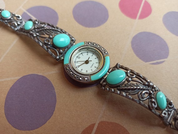 Turquoise Silver Quartz Watch, Turquoise and Marc… - image 4