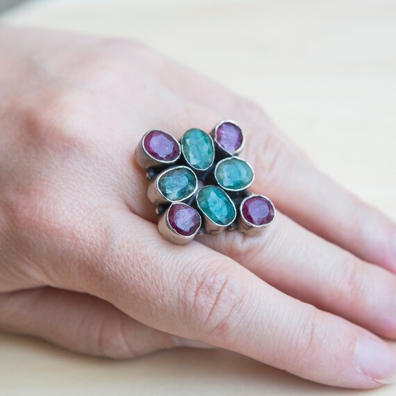 Multi-gemstone Ring, Ruby Ring, Emerald Ring, Squ… - image 2