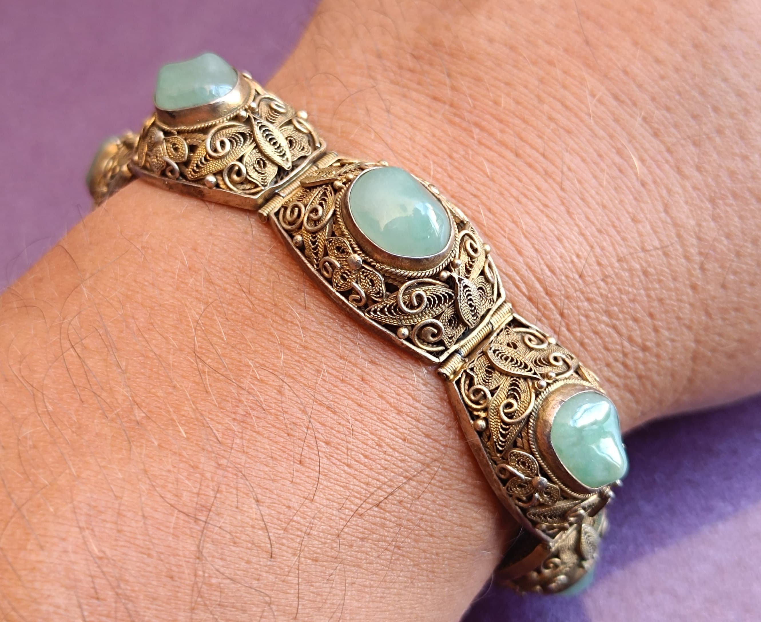 1900s JADE Silver Filigree Bracelet, Antique Handmade Bracelet